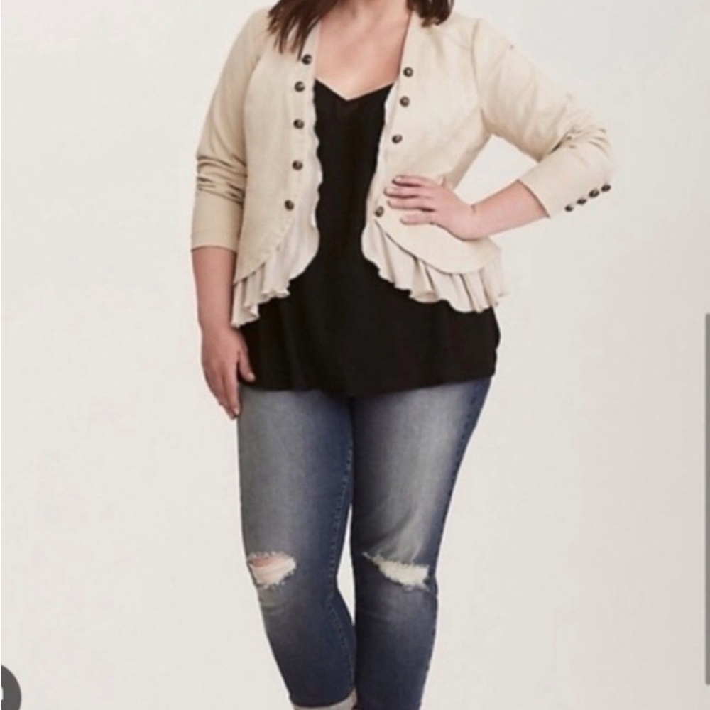 Size 2 Torrid Stretch Twill Military Beige Hi-Lo Peplum Flutter Hem Jacket NWT